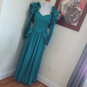 Teal Long Sleeve Ruffled Evening Dress